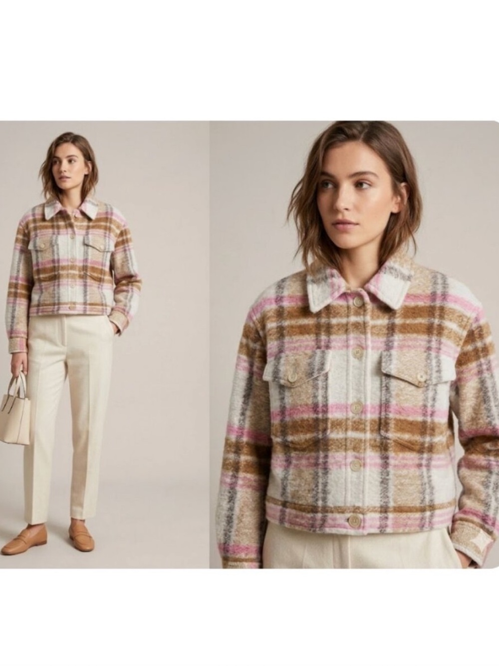 Aritzia Plaid Wool-Blend Cropped Jacket in Cream, Pink, Brown